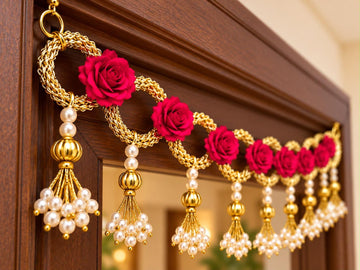 Designer golden pearl toran with decorative flowers for wedding, Diwali and traditional Indian main door decoration.