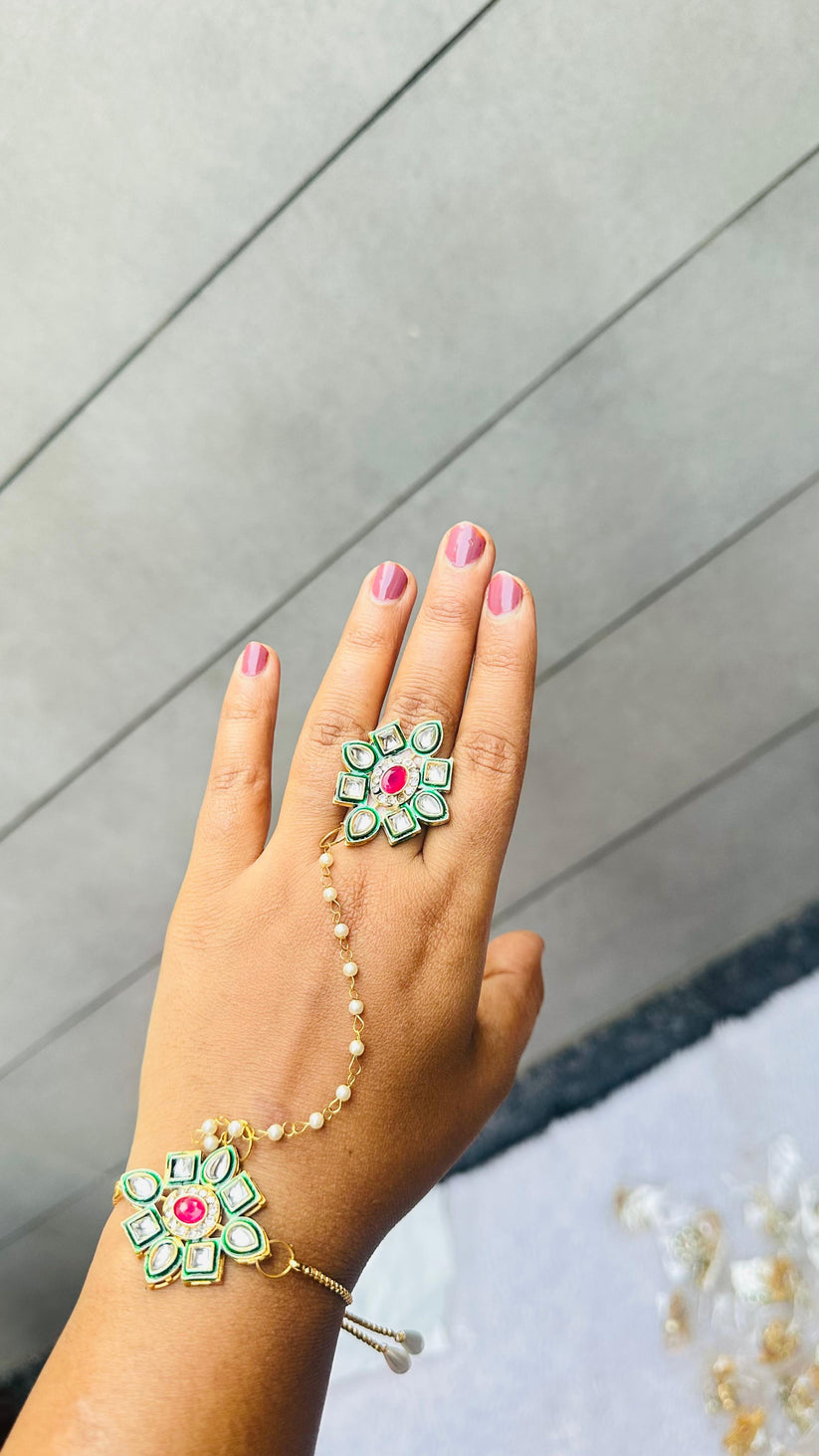 Designer Kundan Haath Phool with Pearl Chain for Mehndi and Wedding Functions