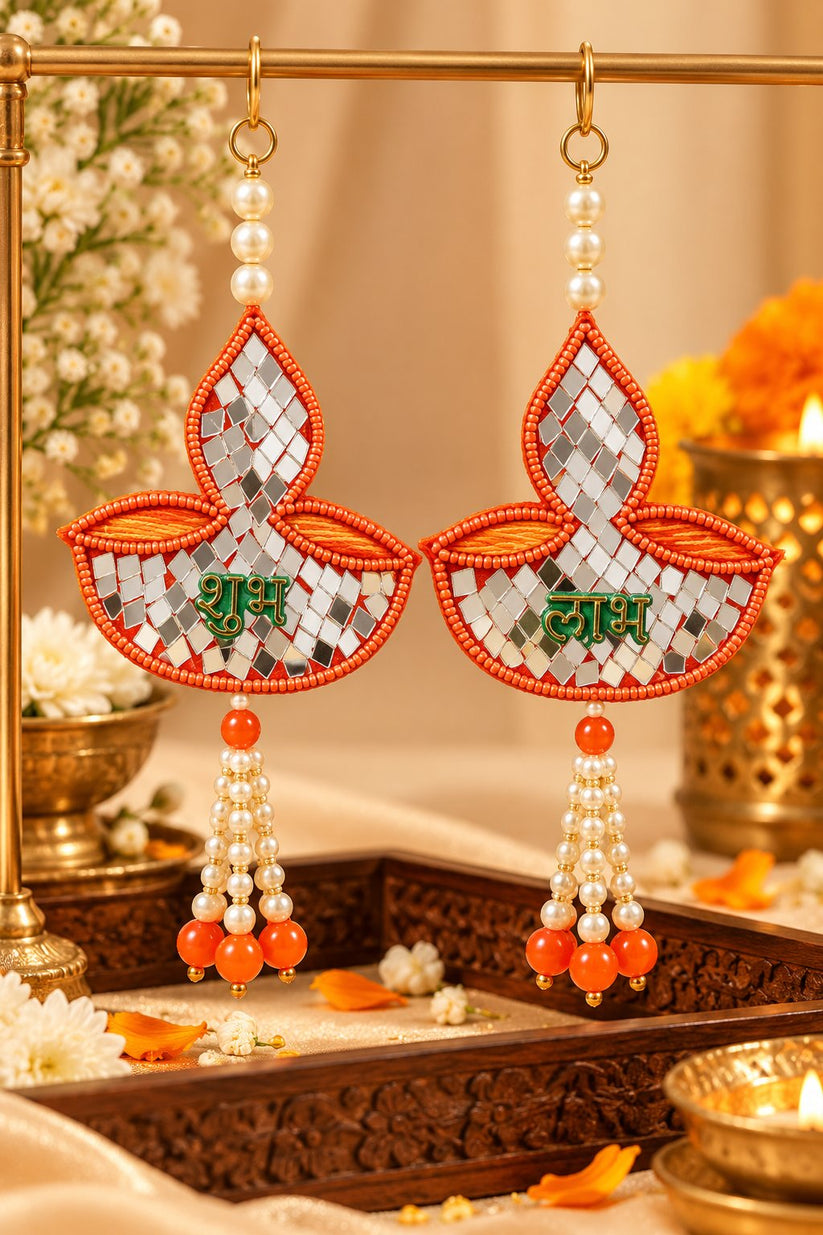 Designer Shubh Labh diya hanging pair with decorative mirror work and pearl tassels for Diwali home decoration