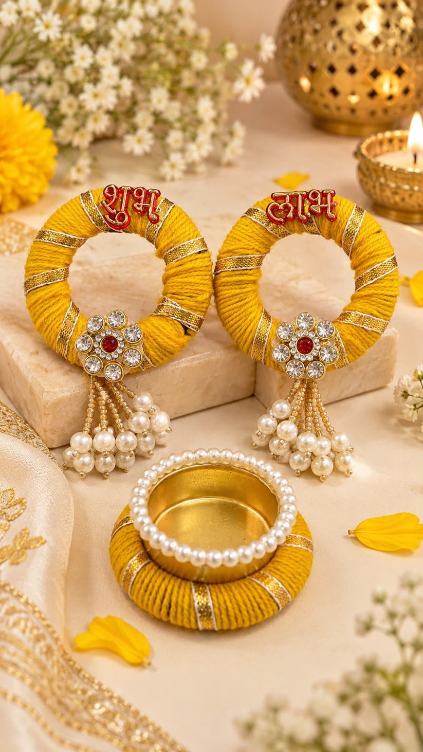 Designer Mirror Work Shubh Labh Diya Hanging Pair with Pearl Tassels for Diwali Decoration
