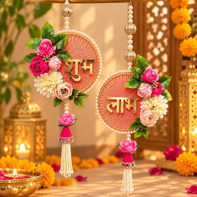 Designer Shubh Labh wall hanging pair with artificial flowers, pearl work and decorative tassels for Diwali door decoration