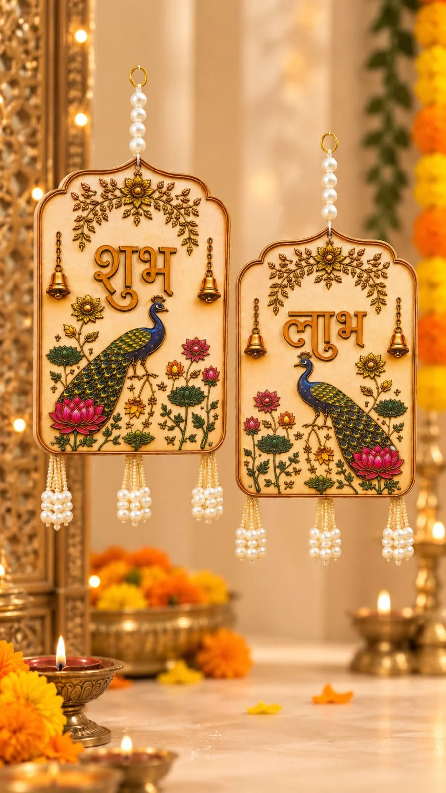 Designer Shubh Labh Wall Hanging Pair with Peacock