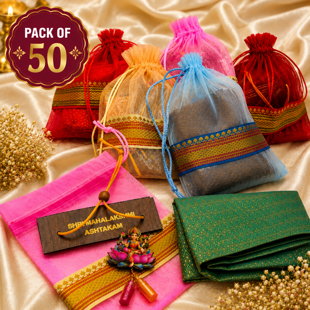 Varalakshmi Vratam Return Gift Hamper with Blouse Piece, Haldi Kumkum & Book in Potli | South Indian Varalakshmi Pooja Gift