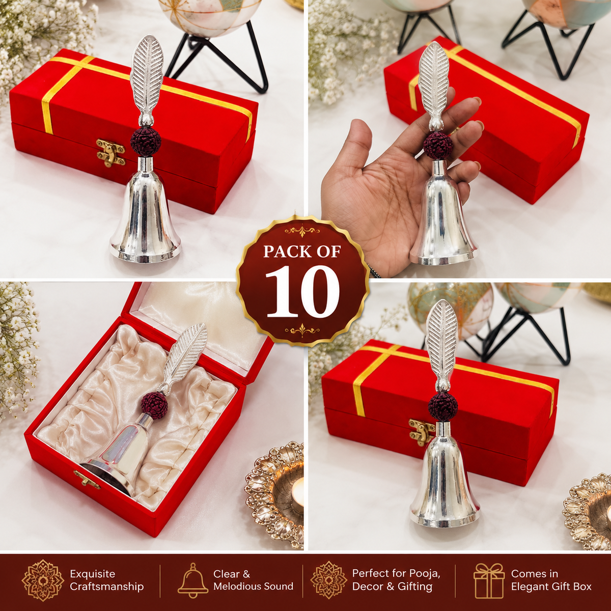 Premium German Silver Rudraksh Pooja Bell with Velvet Gift Box