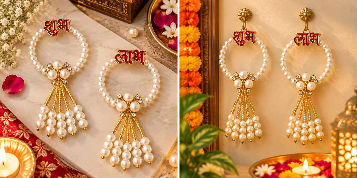 Shubh Labh Pearl Hanging | Elegant Gold & Pearl Toran for Diwali & Festive Home Decor