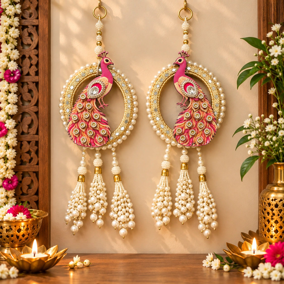 Decorative Peacock Hanging Toran with Pearl Tassels | Diwali Door Hanging & Festive Home Decor