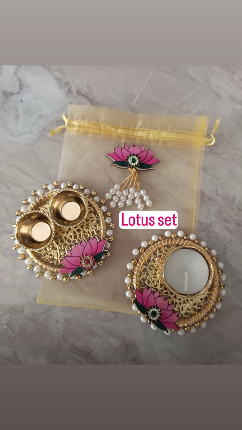 Festive combo gift set with potli bag candle holder and roli chawal platter for Diwali puja