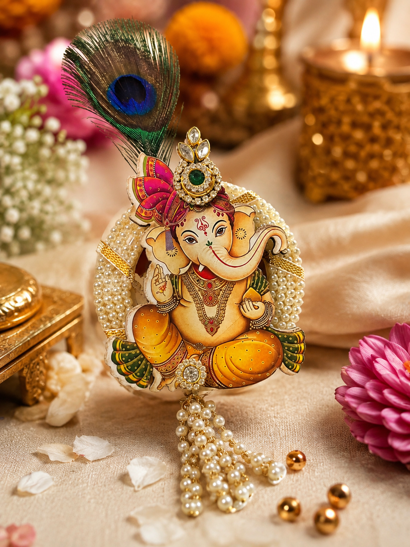 Designer Ganpati brooch with Lord Ganesha and decorative pearl tassel