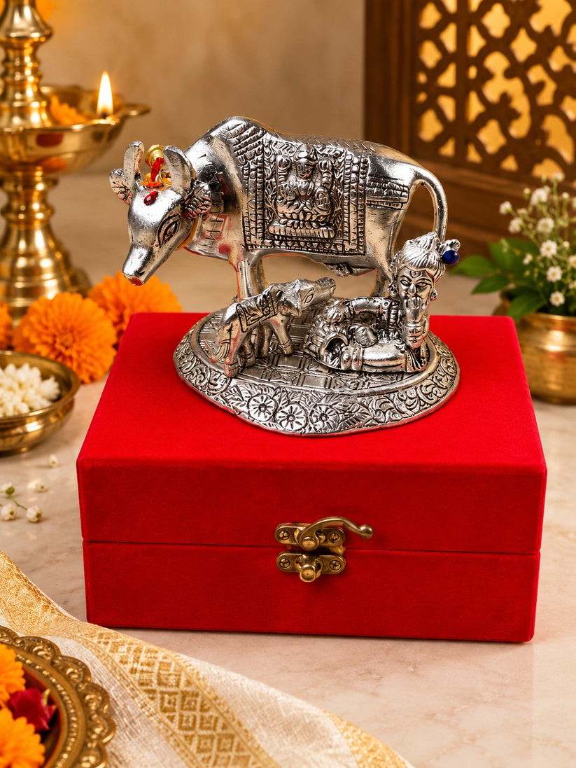 German Silver Kamdhenu cow and calf idol for pooja room