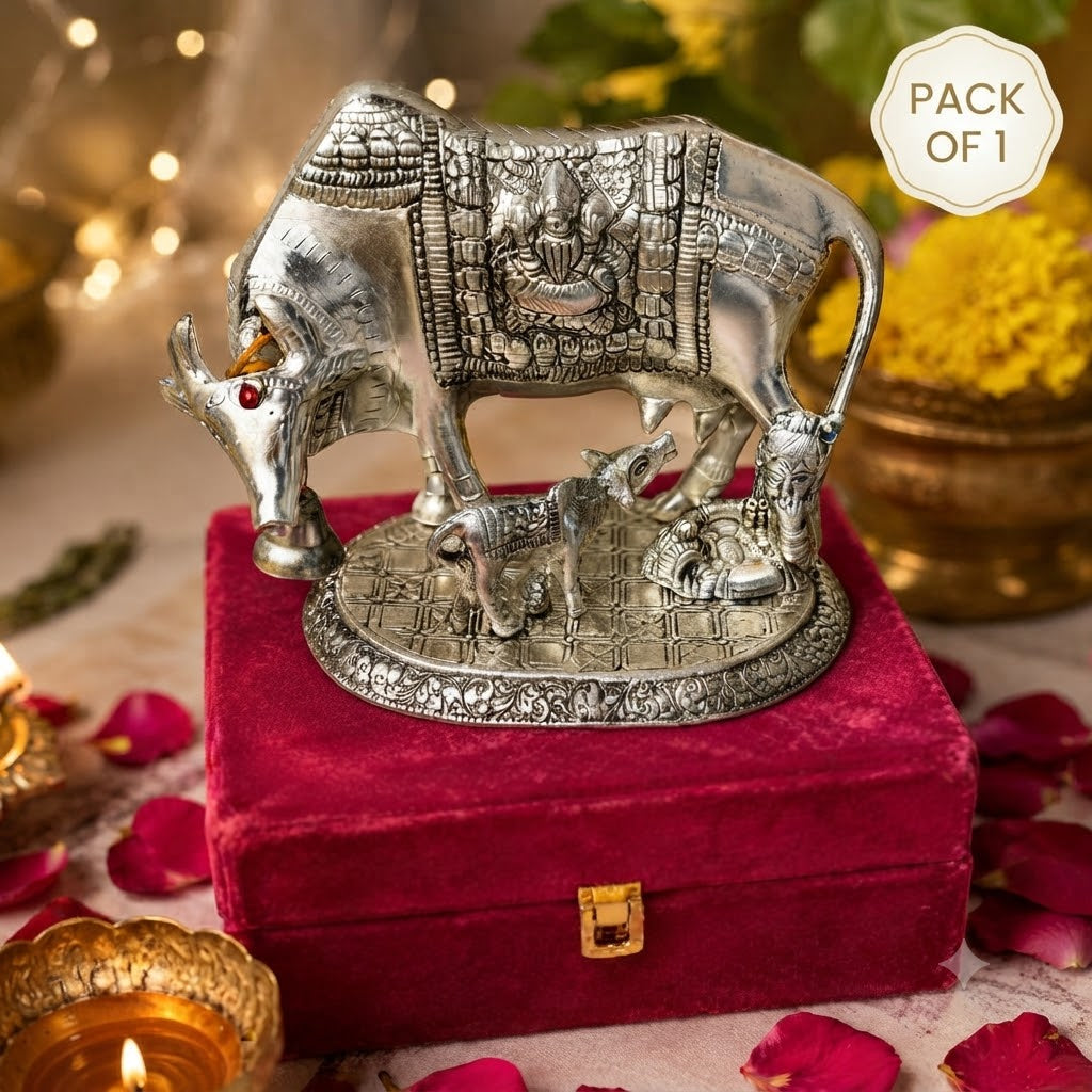 Handcrafted german silver kamdhenu cow and calf idol displayed inside a luxury velvet box from chaukhath hamper