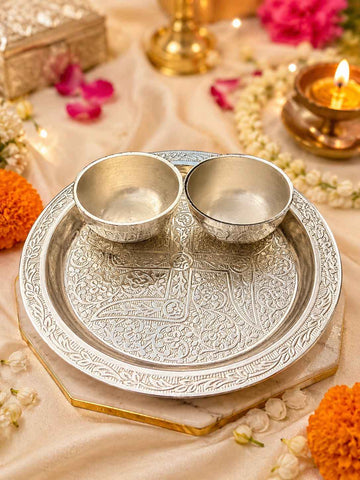 Premium German Silver Pooja Thali Set with 2 Bowls | Traditional Silver Plated Thali for Pooja & Festive Gifting