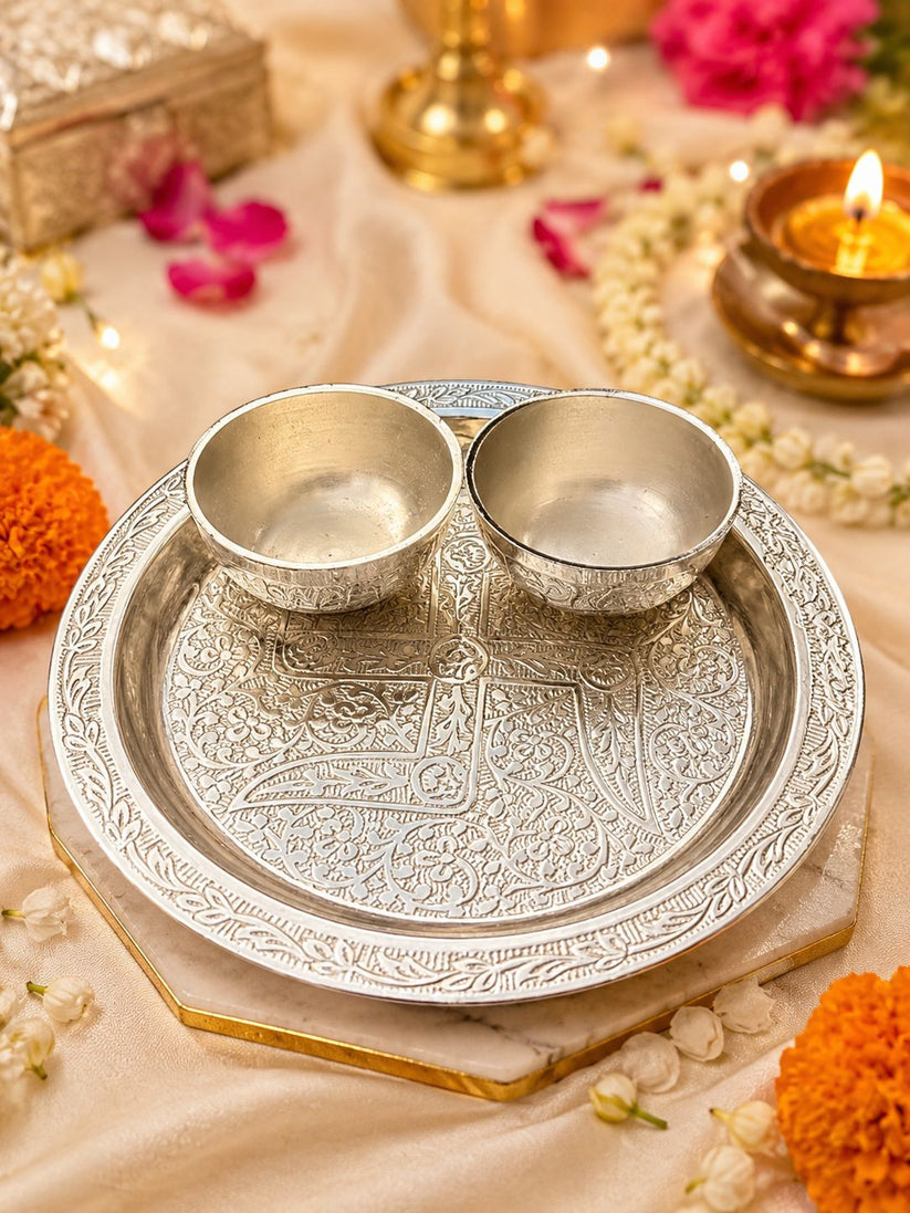 Premium German silver pooja thali set with 2 bowls