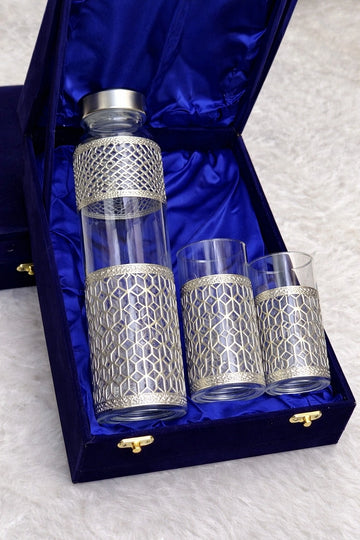 German silver bottle with two glasses in velvet box for gifting