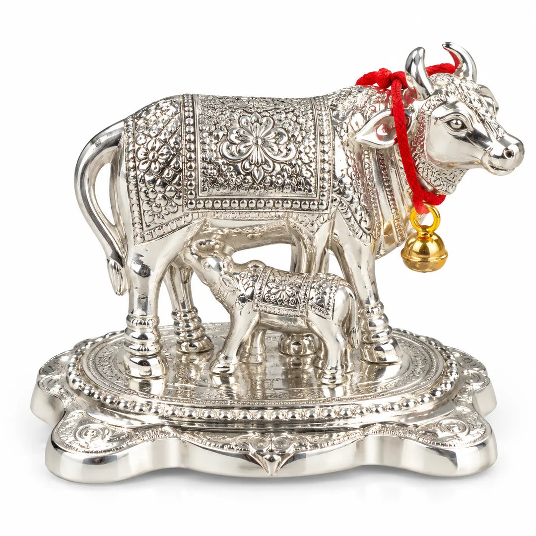 Kamdhenu Cow & Calf German Silver Idol – 3 Inch