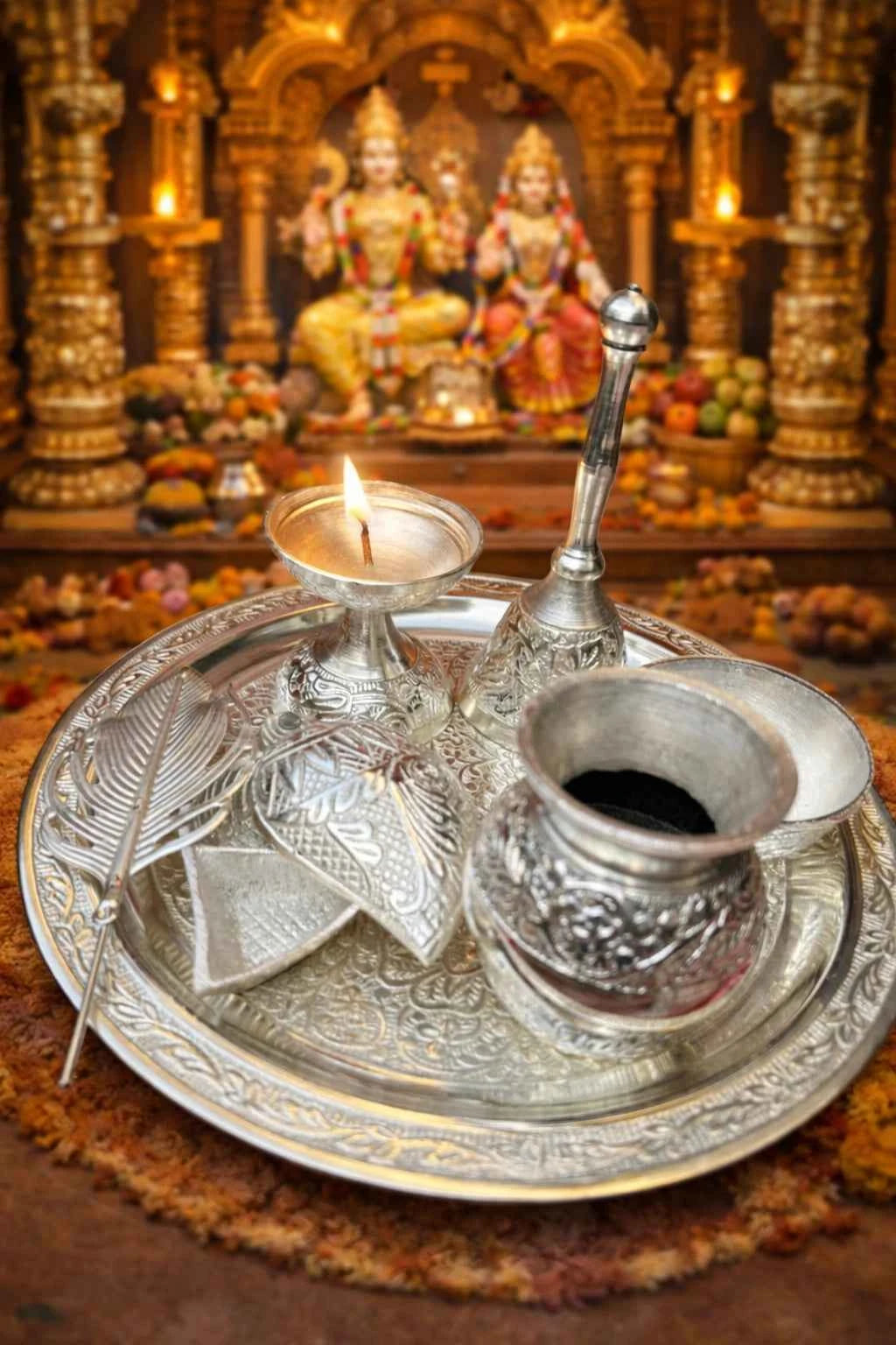 German Silver Pooja Thali Set with Roli Chawal Plate, Diya and Bell