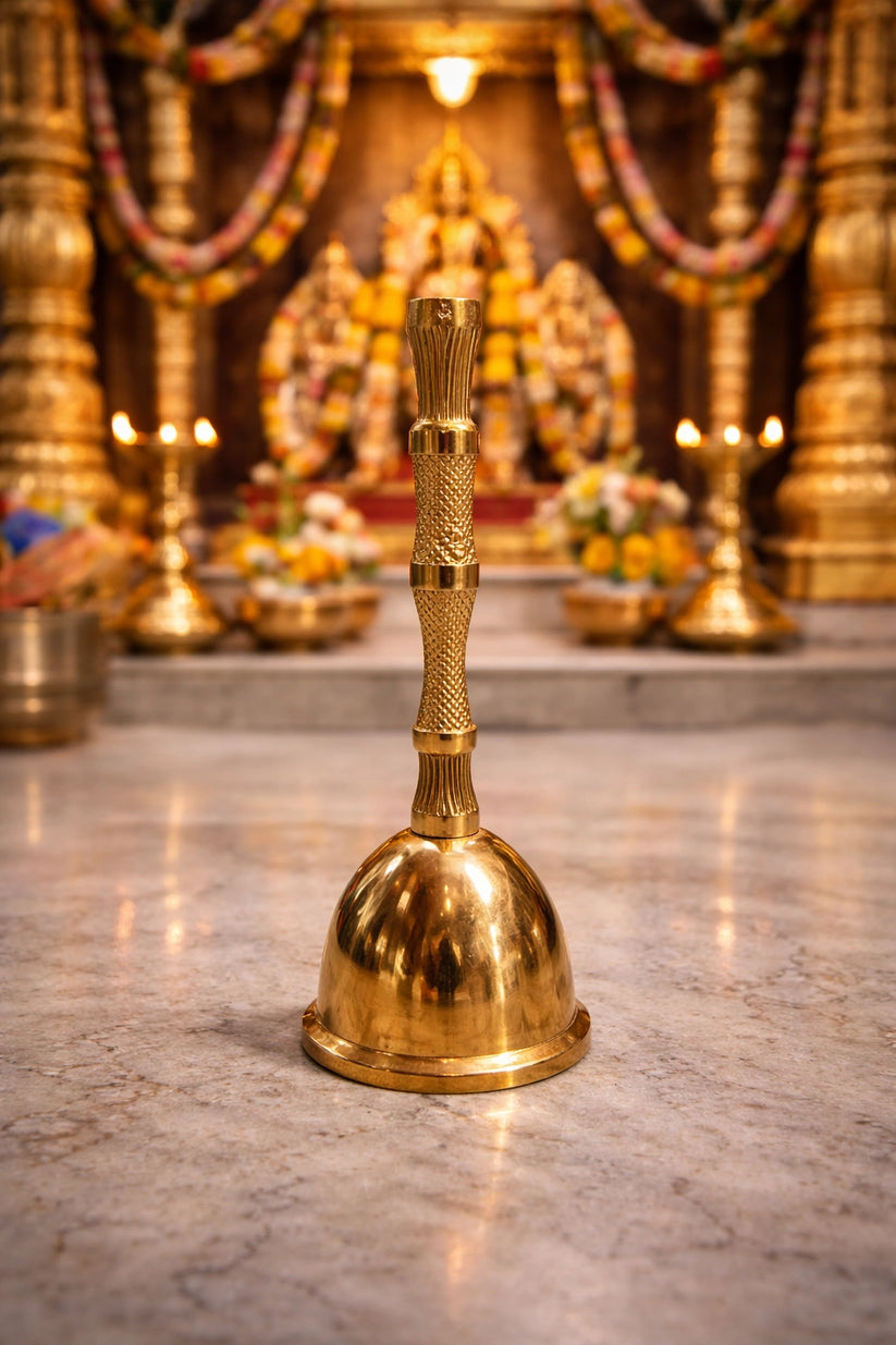 pure brass pooja bell with handle for mandir rituals and aarti