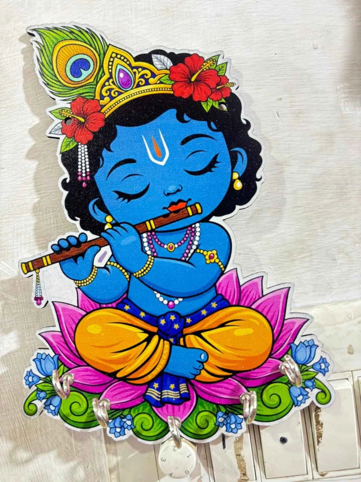 Krishna Gopal Wooden Wall Key Holder – Spiritual Entrance Decor