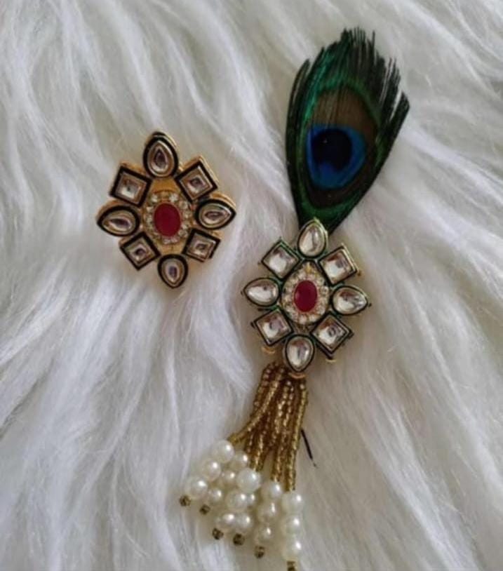 Traditional Kundan design brooch and matching ring set for Indian wedding and festive outfits