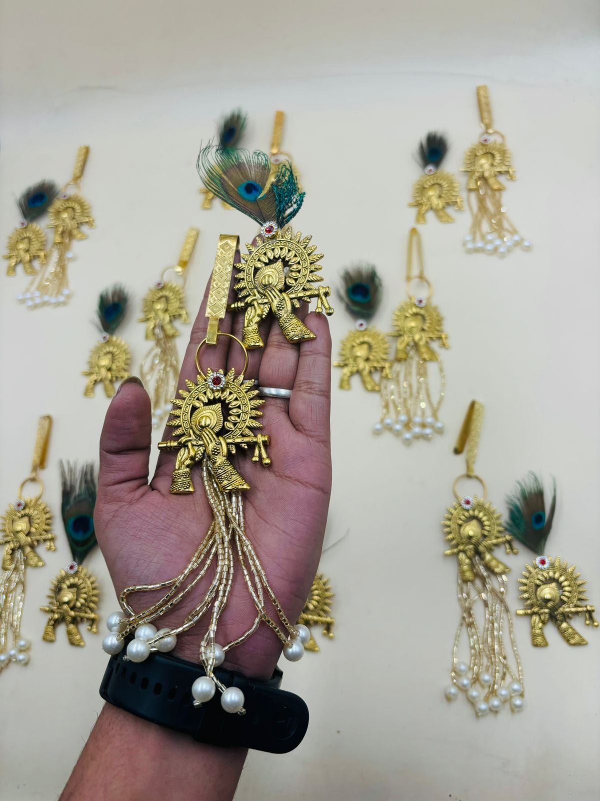 Peacock feather metal brooch and satka designed for Indian wedding and festive wear