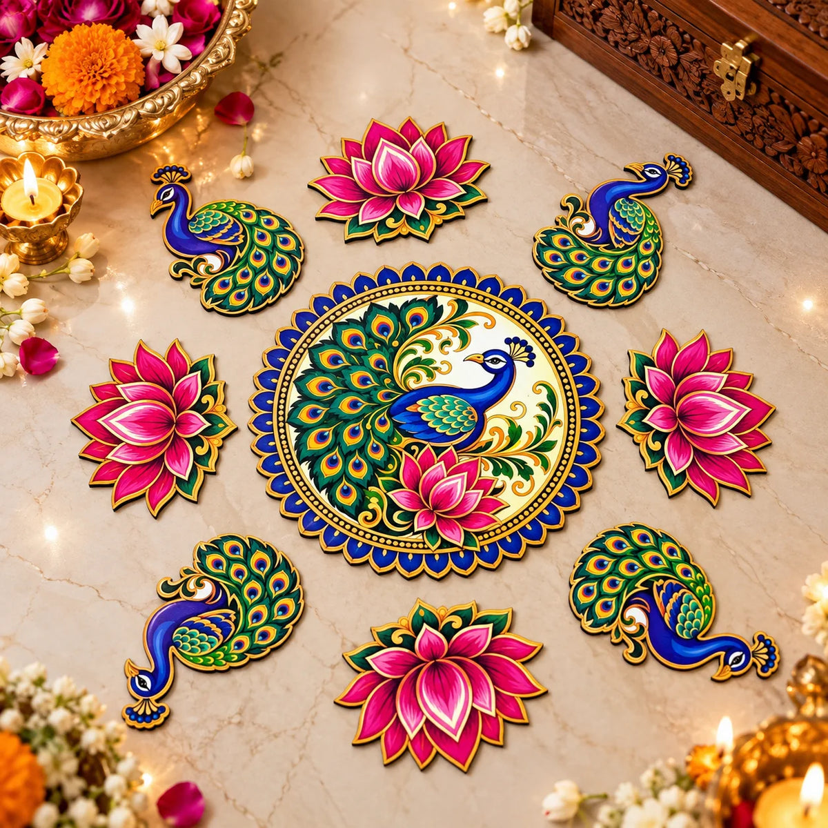 Peacock lotus ready to use UV printed washable rangoli for Diwali and pooja decoration