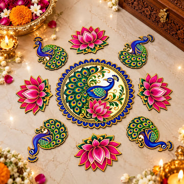 Peacock lotus ready to use UV printed washable rangoli for Diwali and pooja decoration