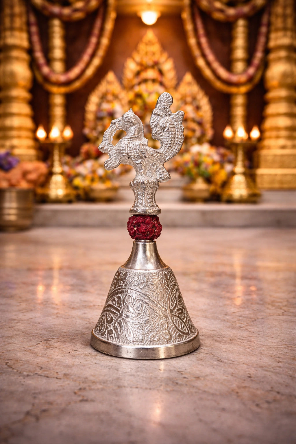 decorative peacock rudraksh pooja bell silver finish for temple use