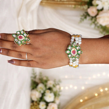 Elegant pearl beaded Kundan bracelet with matching ring, perfect traditional jewelry for weddings, festivals and ethnic outfits.