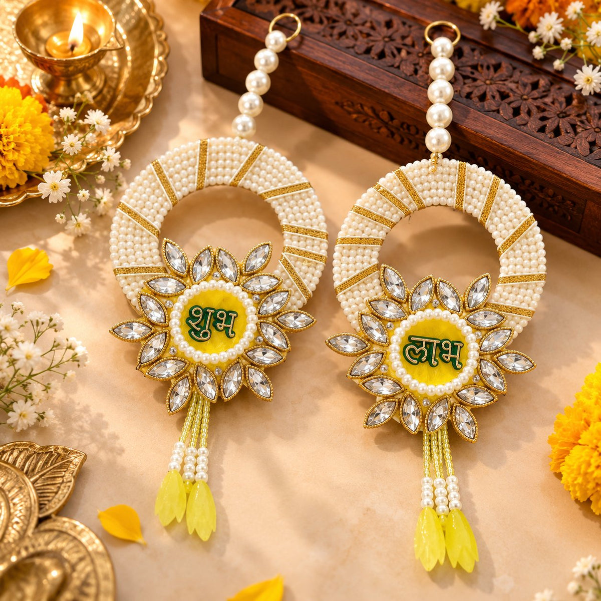 Premium Pearl Shubh Labh wall hanging pair with decorative Kundan stone work for Diwali home decoration and pooja room decor.
