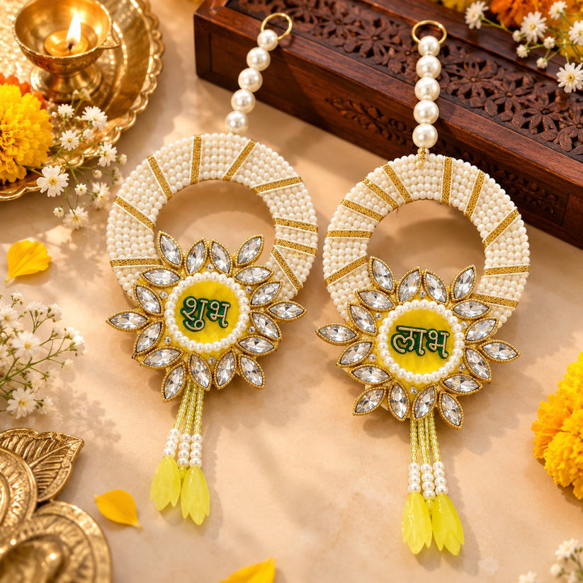 Premium Pearl Shubh Labh wall hanging pair with decorative Kundan stone work for Diwali home decoration and pooja room decor.