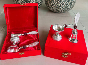 Premium German silver pooja bell and diya set with red velvet gift box for home temple and festive gifting
