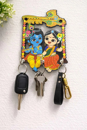 Radha Krishna Key Holder for Wall 3.5x5 | Decorative Wooden Key Stand for Home Entrance