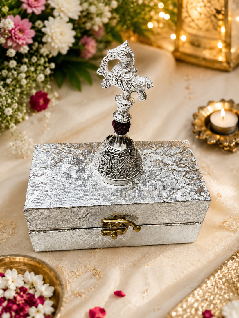 Premium German Silver Peacock Bell with Decorative Gift Box for Pooja and Home Temple Decor