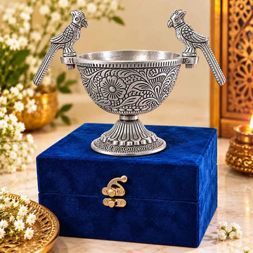 Royal German Silver Parrot Decorative Bowl with Detailed Floral Work, Bird Motif Handles and Elegant Blue Velvet Box