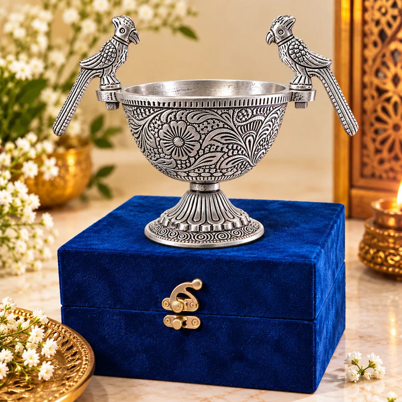 Royal German silver parrot decorative bowl with blue velvet box