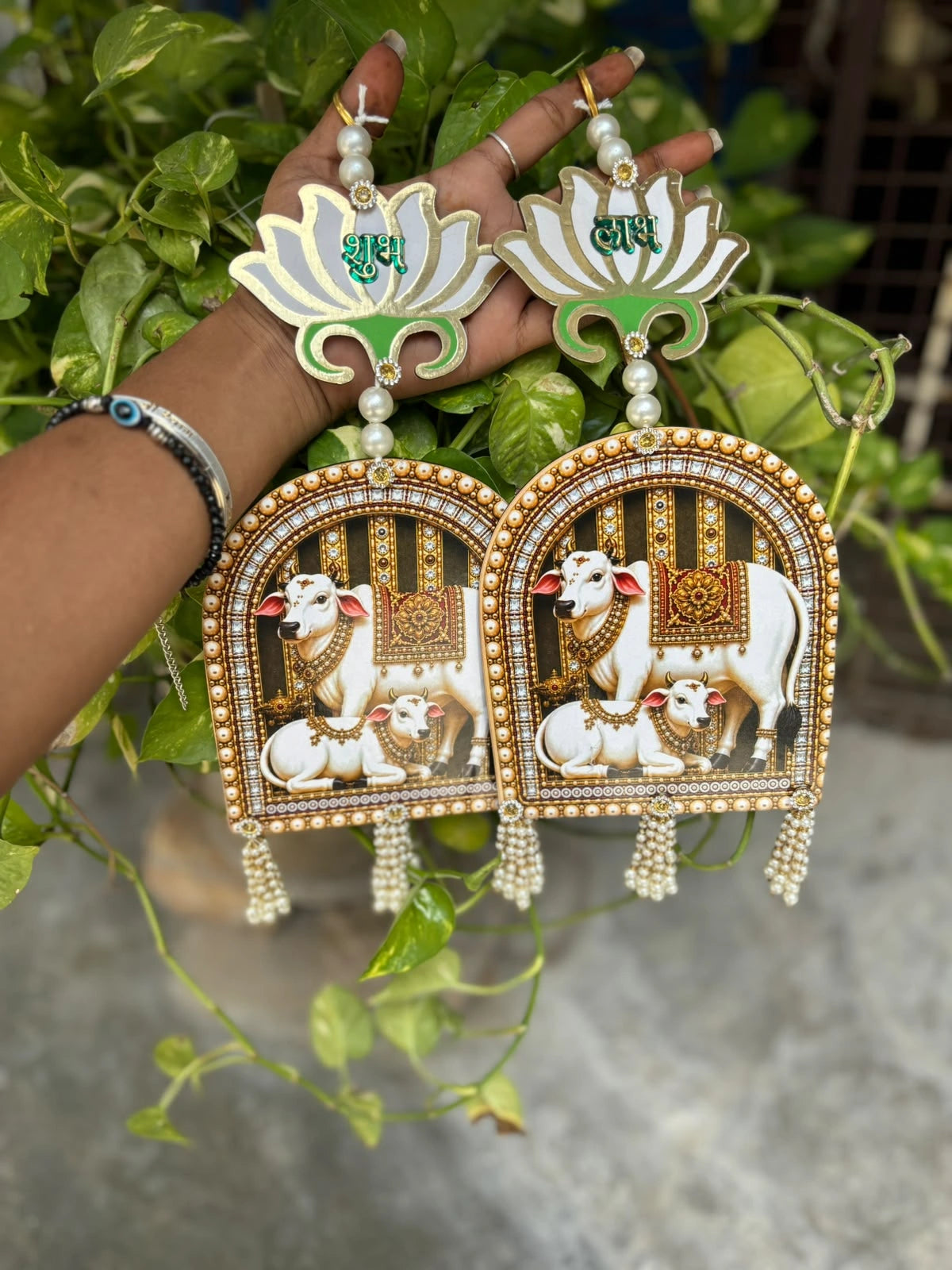 Shubh Labh cow calf door hanging for festive home decoration