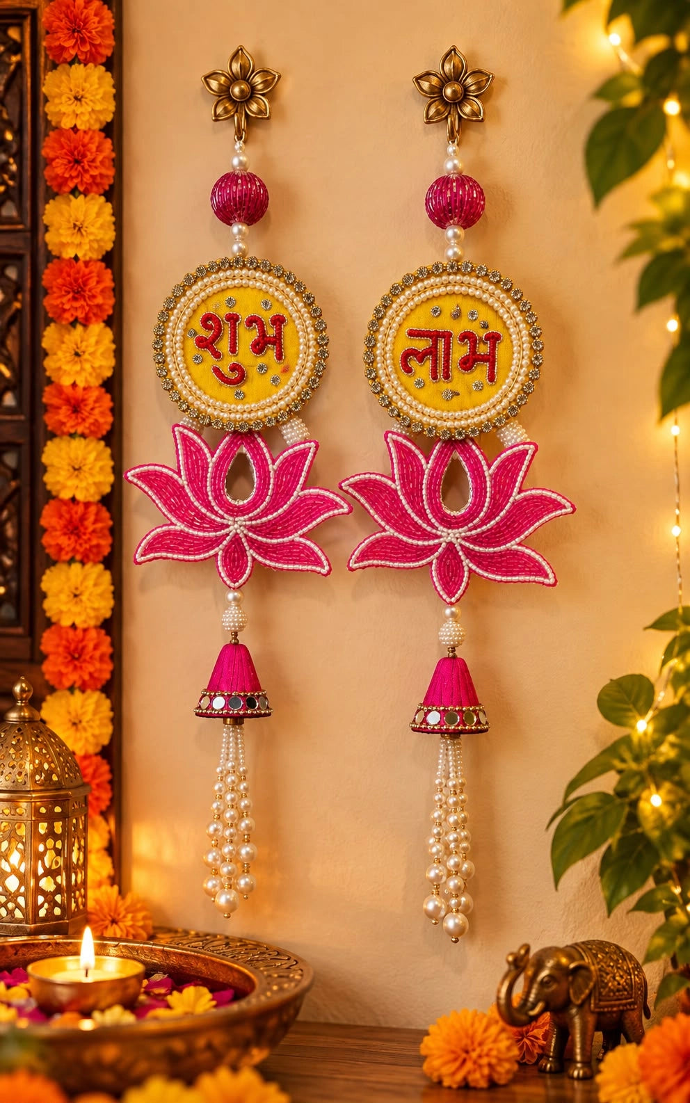 Shubh Labh wall hanging pair with lotus and pearl beads for Diwali main door decoration