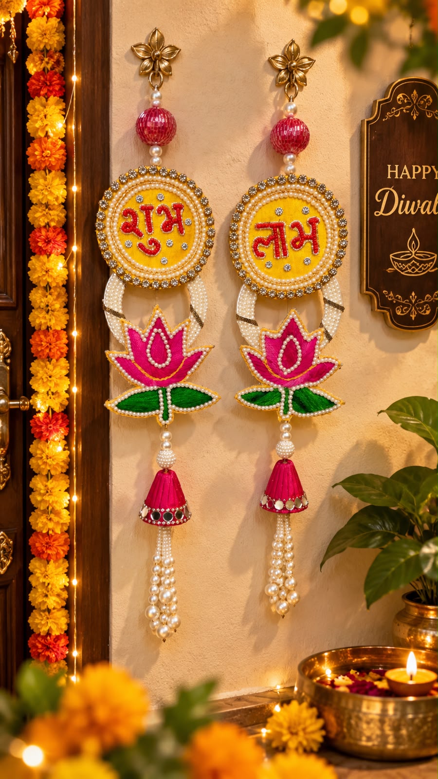 Shubh Labh wall hanging pair with lotus and pearl beads for Diwali main door decoration
