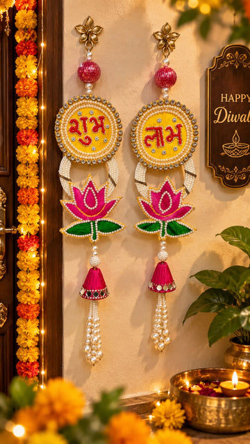 Shubh Labh wall hanging pair with lotus and pearl beads for Diwali main door decoration