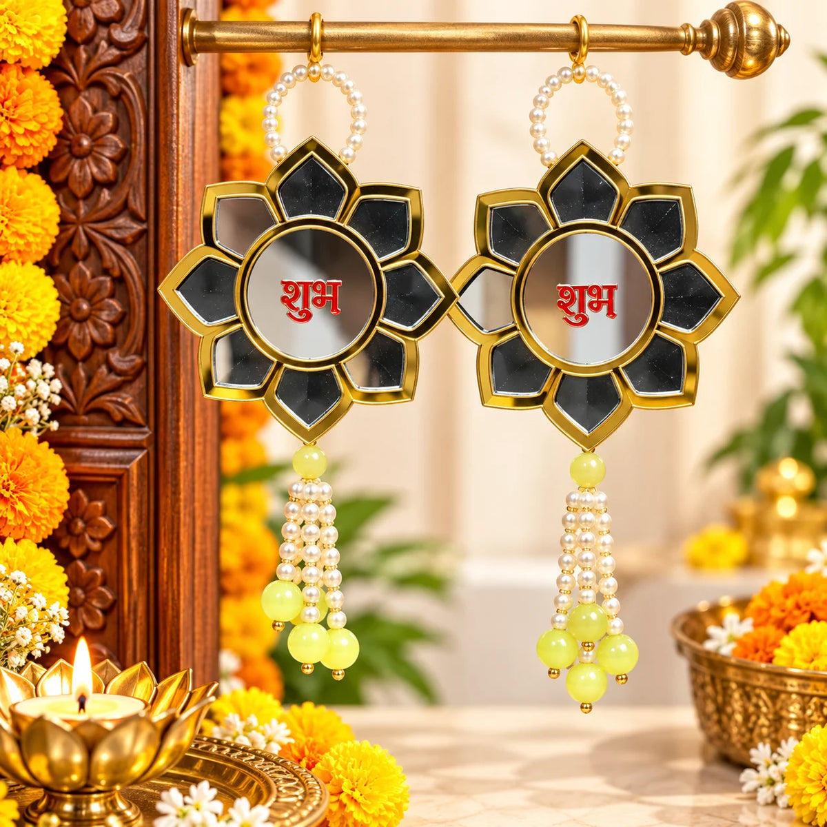 Shubh lotus wall hanging pair with pearl tassels