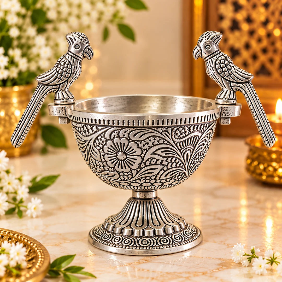 Royal German Silver Parrot Decorative Bowl with Detailed Floral Work, Bird Motif Handles and Elegant Blue Velvet Box