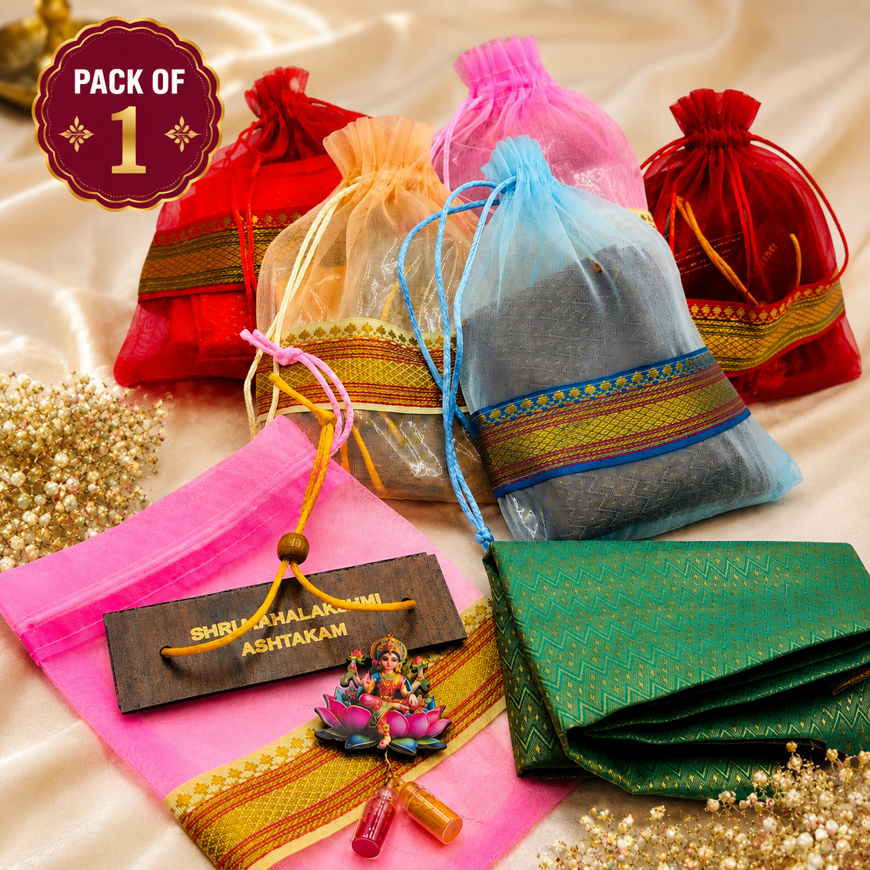 Varalakshmi Vratam return gift hamper with blouse piece Haldi Kumkum and pooja book in decorative potli