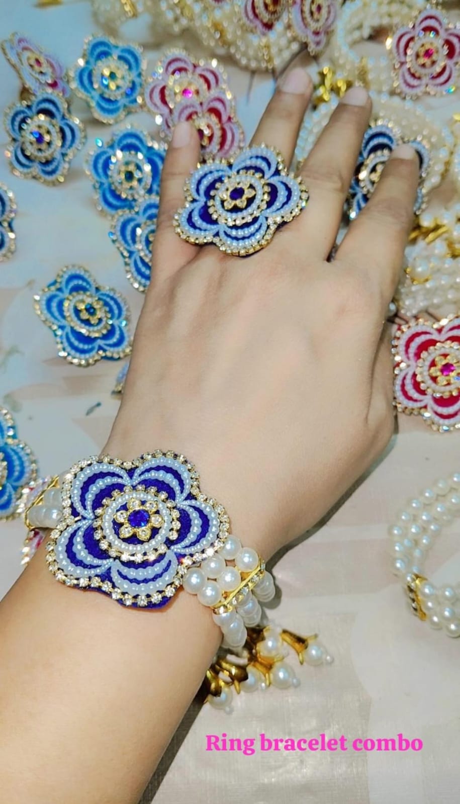 Floral pearl kundan bracelet and ring combo with traditional Indian design