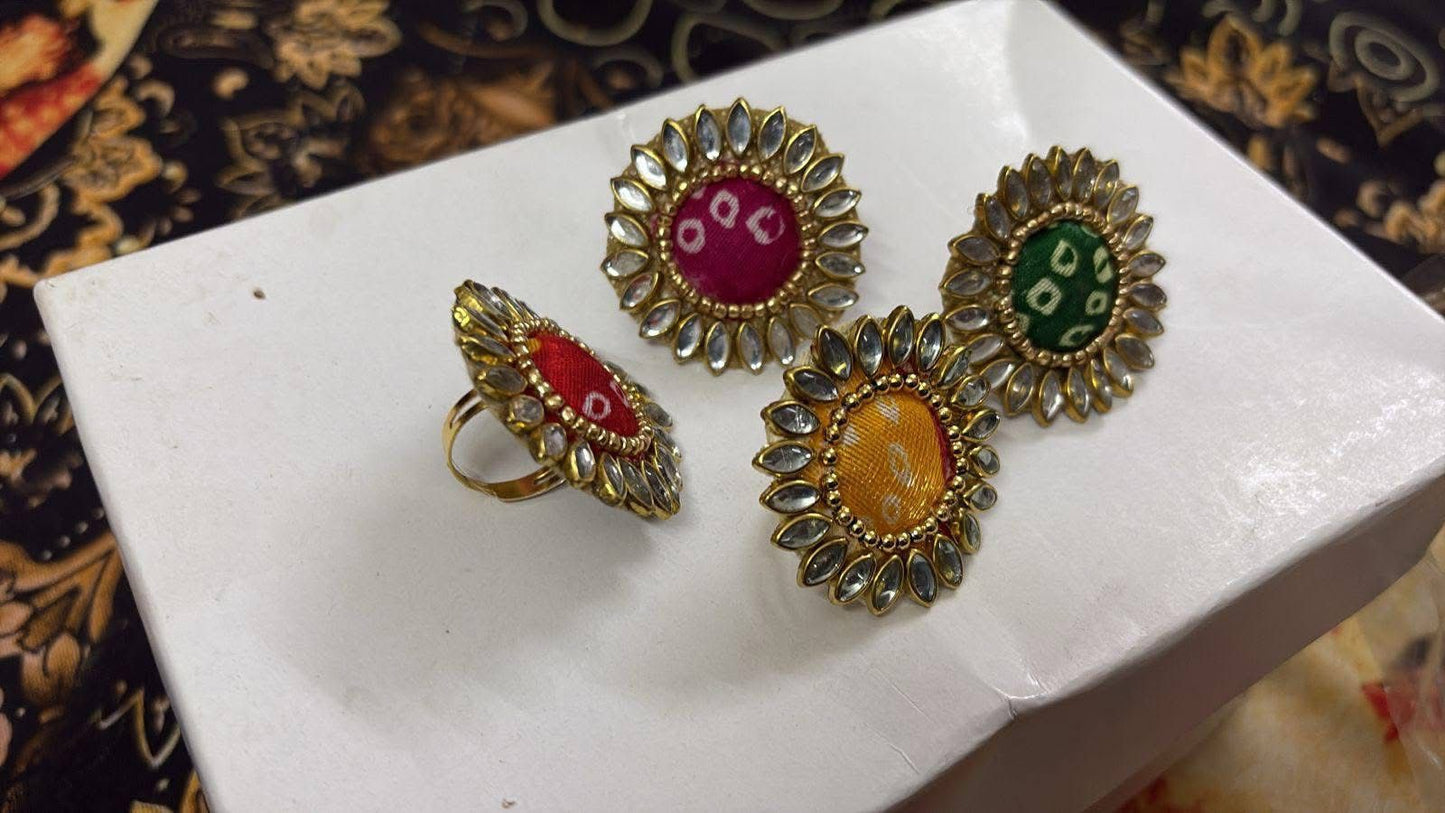 Traditional Bandhej print Kundan statement ring for wedding and festive wear