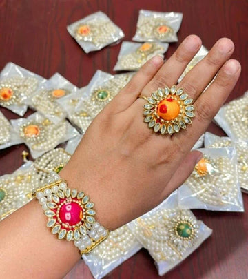 Traditional Indian pearl bracelet and ring set with elegant handcrafted design for wedding and festive wear