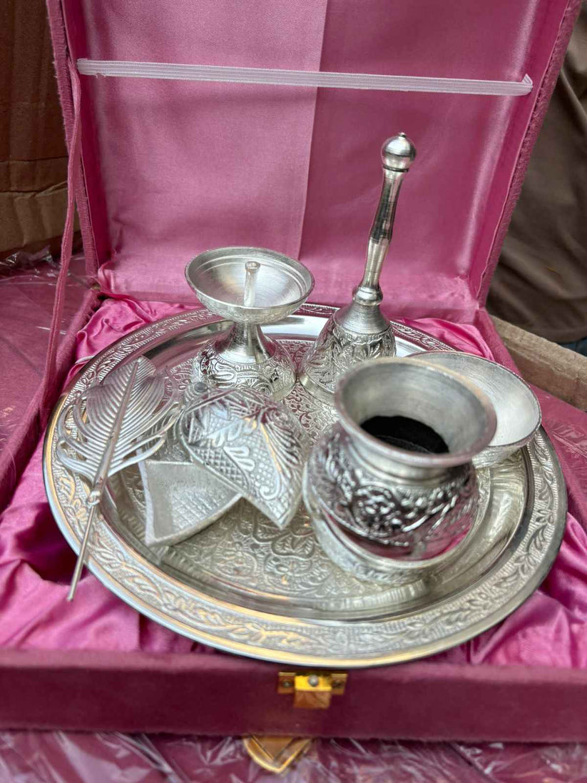 German Silver Pooja Thali Set with Roli Chawal Plate, Diya and Bell